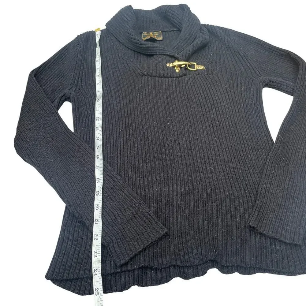 Ralph Lauren Black Label Women’s Ribbed Shawl Collar Sweater M Gold Buckle Black
